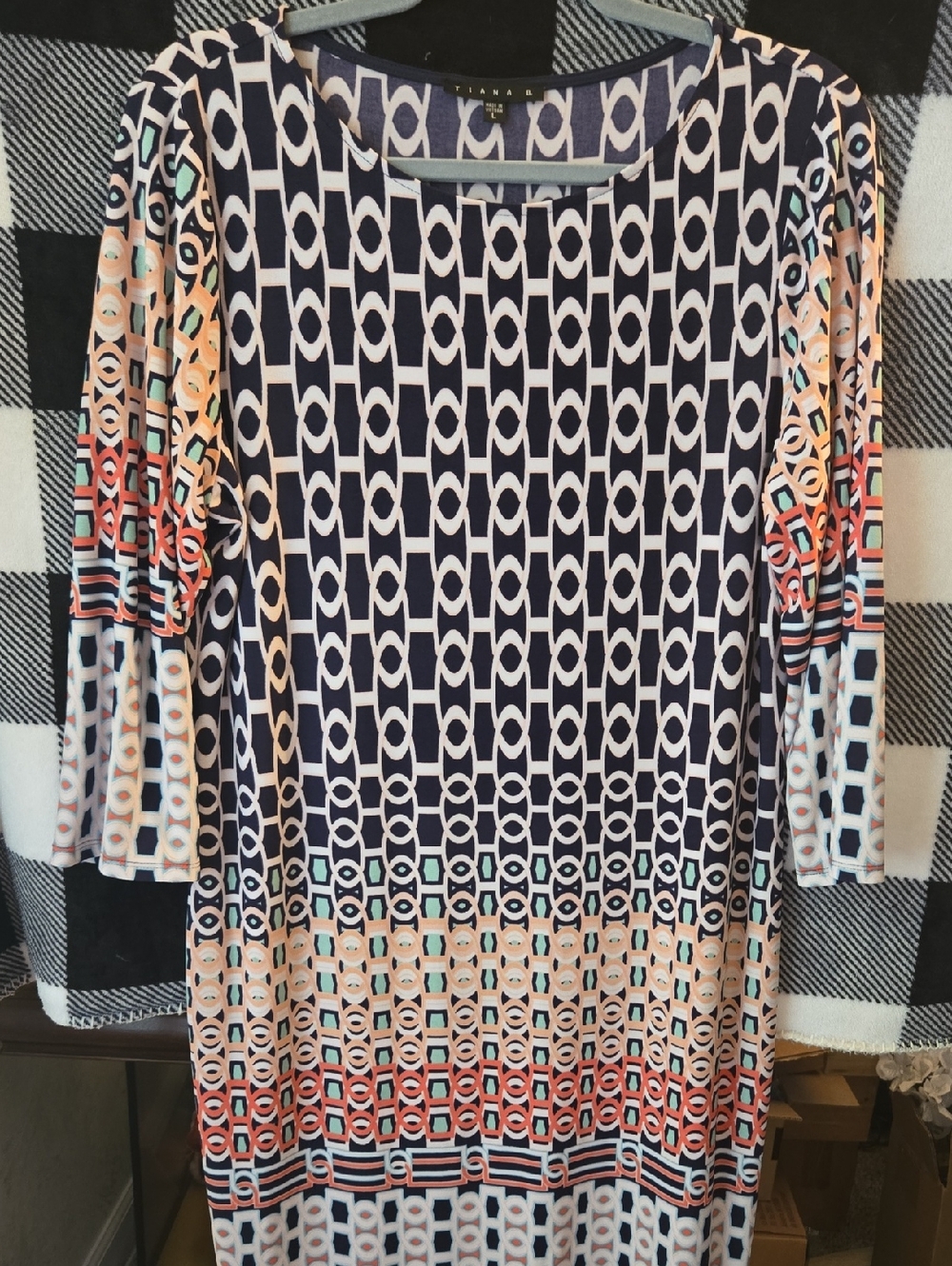 Tiana B. Navy Geometric Print Dress with Coral and Peach Accents